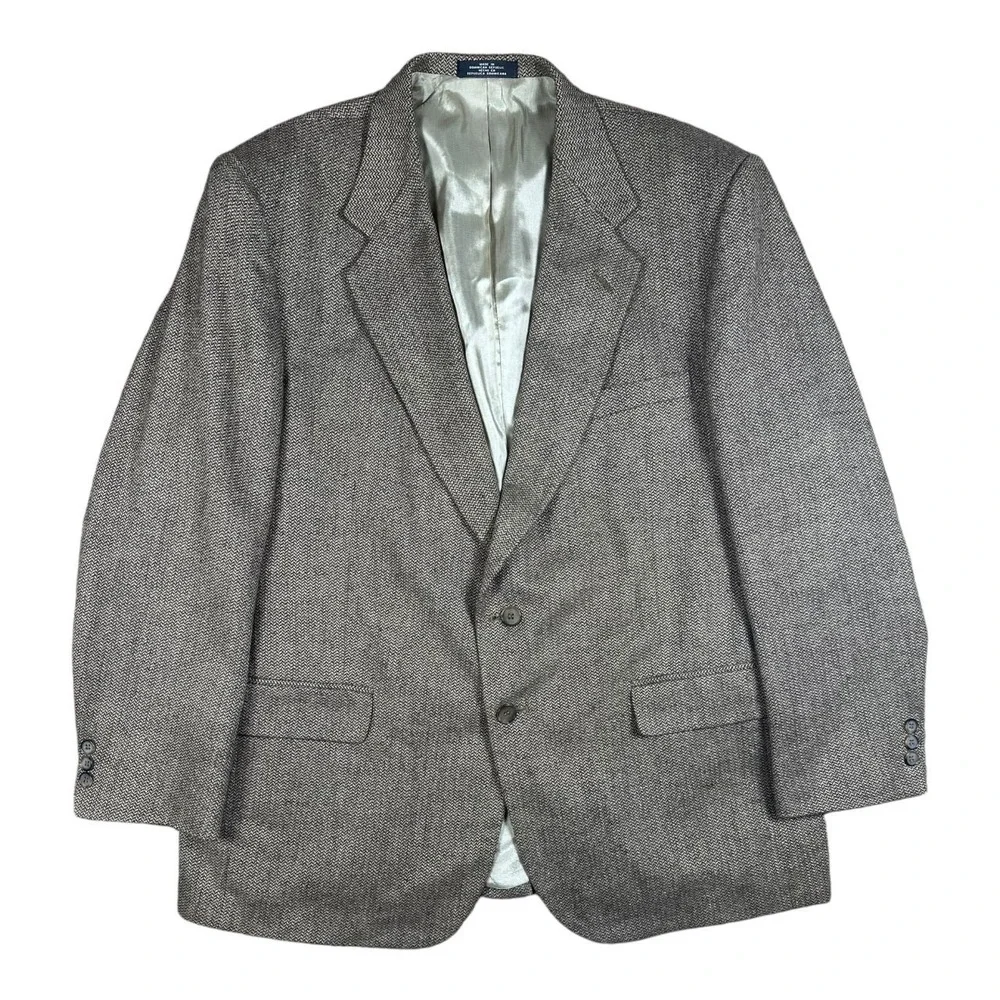 Towncraft Men's 46R Blazer Jacket Brown‎ Herringbone Wool Silk Blend Two Button